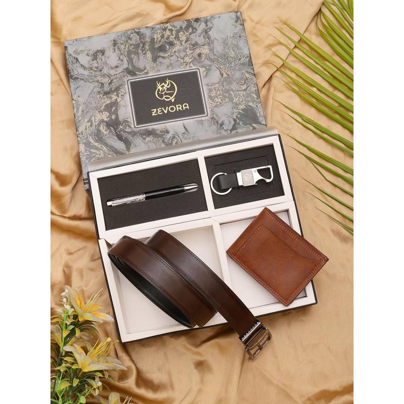 Zevora Buy ZEVORA Men Reversible Brown Belt with Wallet, Pen & Keychain Online