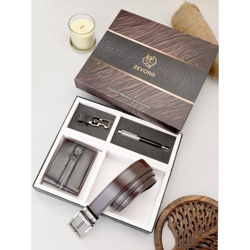 ZEVORA Men Reversible Brown Belt with Wallet, Pen & Keychain (42)