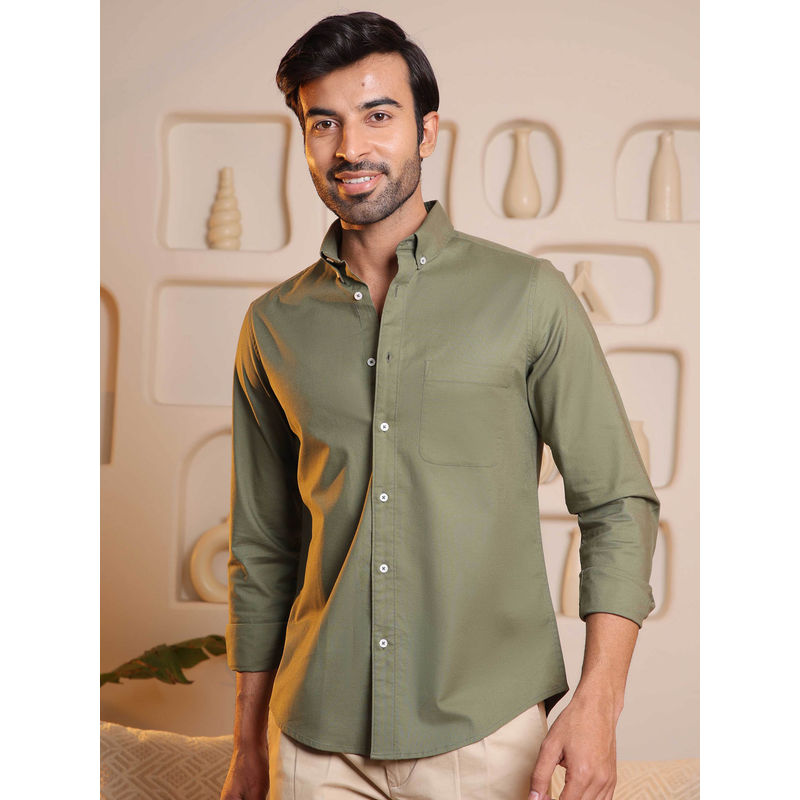Subtract Men Olive Comfort Fit Solid Casual Oxford Shirt (38)