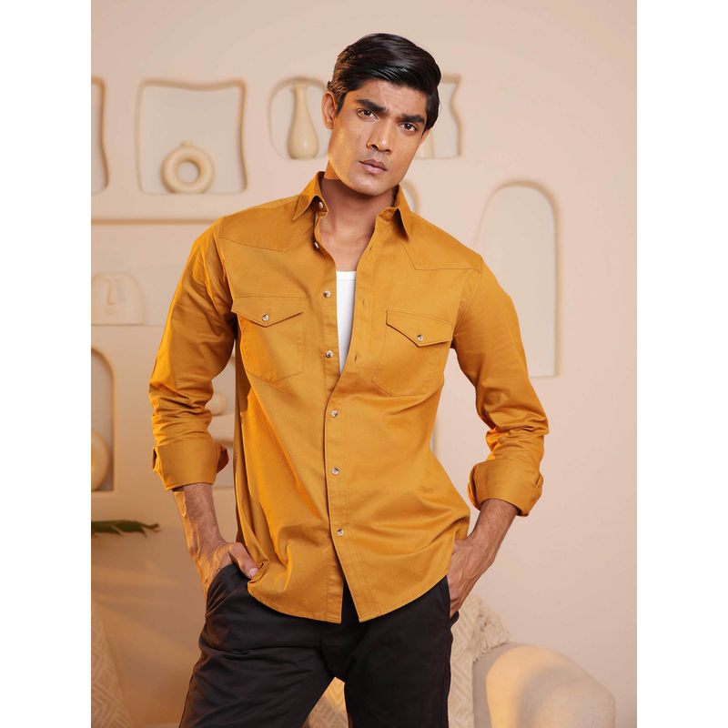 Subtract Men Mustard Comfort Fit Double Pocket Cargo Twill Casual Shirt (40)