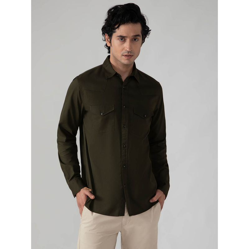 Subtract Cargo Twill Shirt in Dark Olive - Comfort Fit (40)