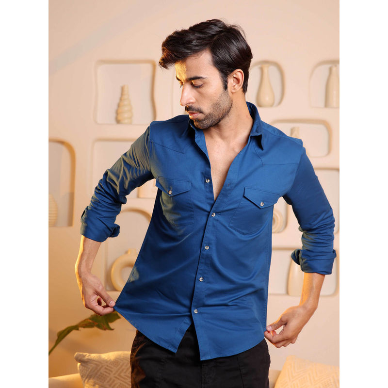 Subtract Men Prussian Blue Comfort Fit Double Pocket Cargo Twill Casual Shirt (38)