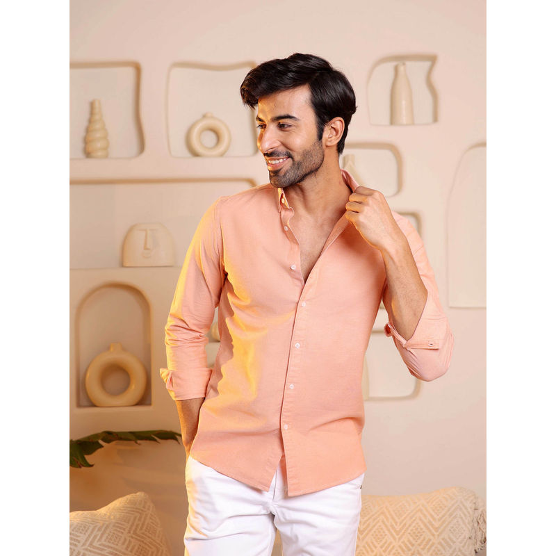 Subtract Men Light Orange Slim Fit Solid Yarn Dyed Casual Oxford Shirt (40)