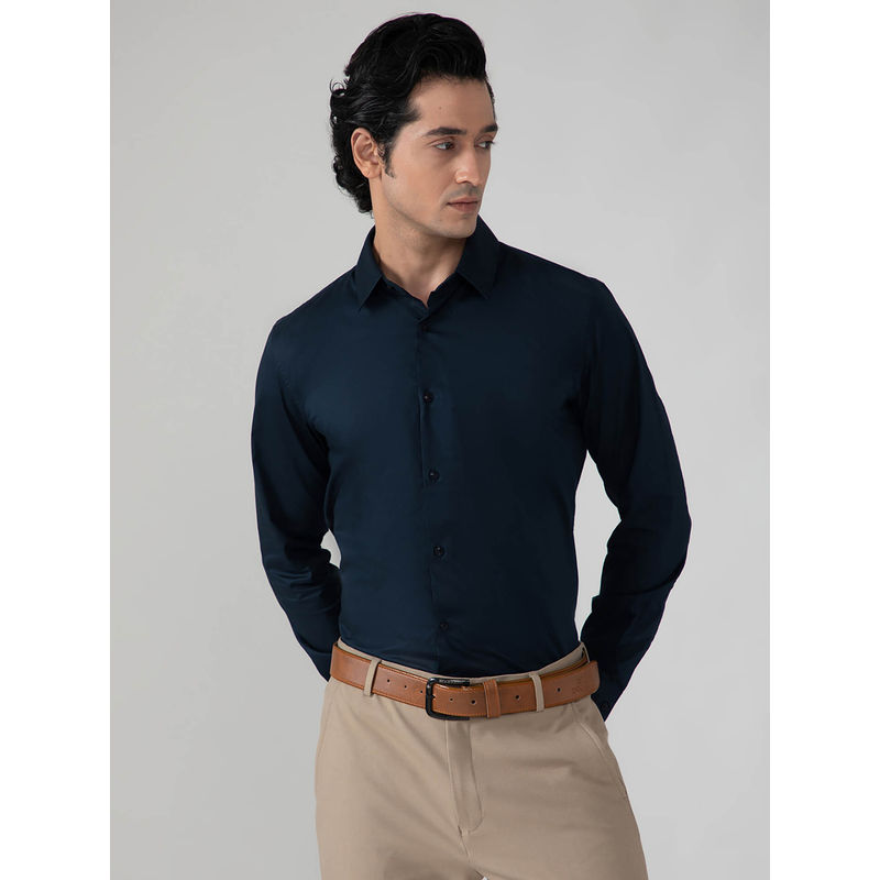 Subtract Cotton Satin Evening Shirt in Midnight Navy Blue - Slim Fit (40)