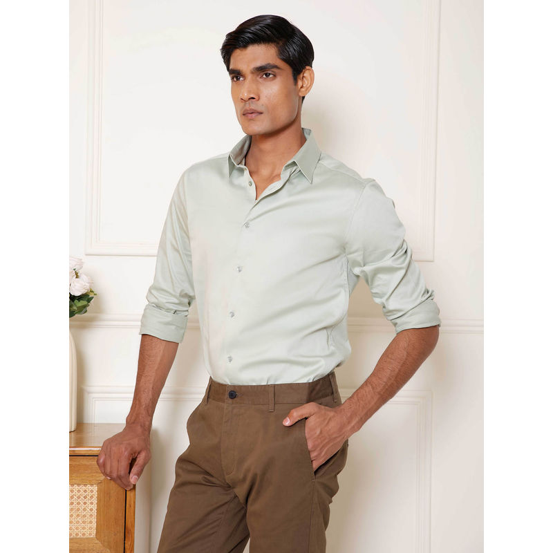 Subtract Men Sage Green Slim Fit Solid Cotton Satin Evening Shirt (40)