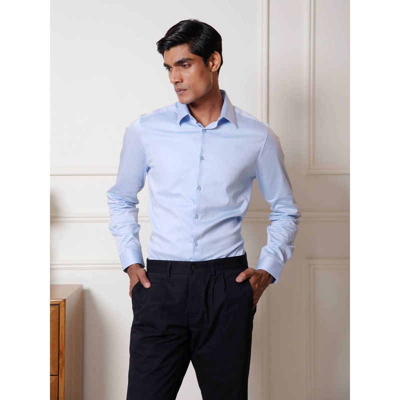 Subtract Men Sky Blue Slim Fit Solid Cotton Satin Evening Shirt (42)