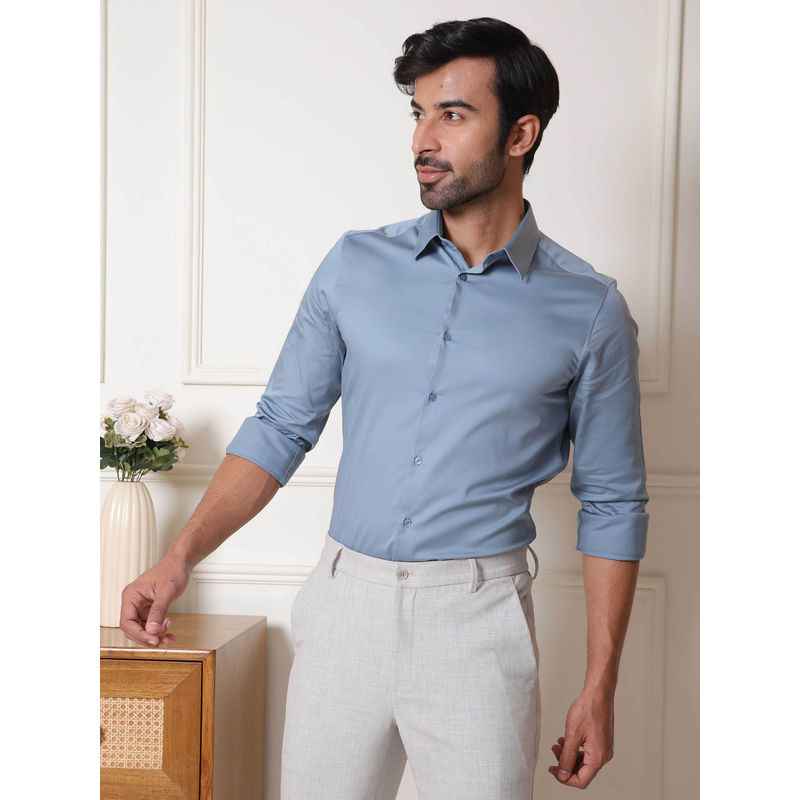 Subtract Men Stone Blue Slim Fit Solid Cotton Satin Evening Shirt (48)