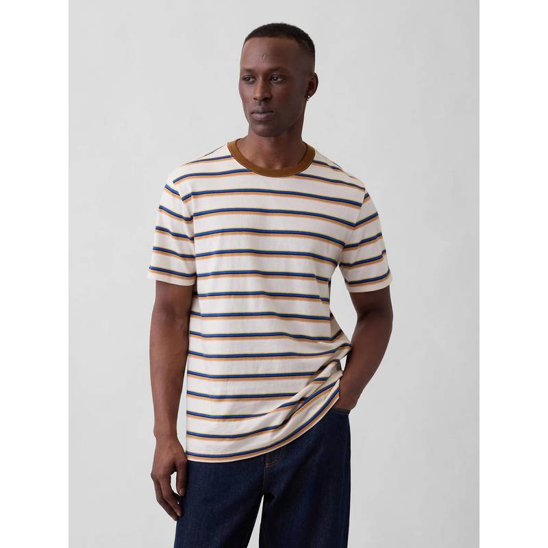 GAP Mens Stripes Crew Neck T-shirt - Off White (S)