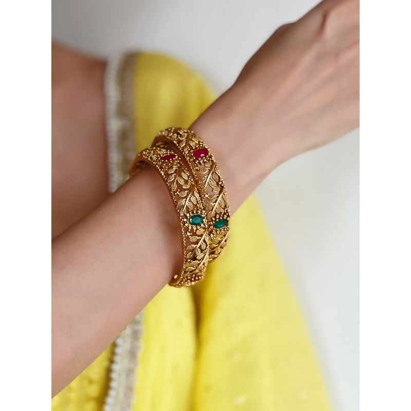 Azai by Nykaa Fashion Gold Plated Patterned Bangles with Colored Stones Set of 2 2.4