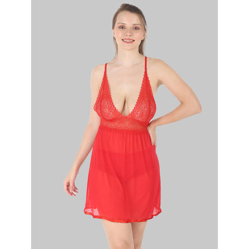 Herryqeal Red Womens Net Solid Above Knee Babydoll Lingerie With G-String Panty (Set of 2) (M)
