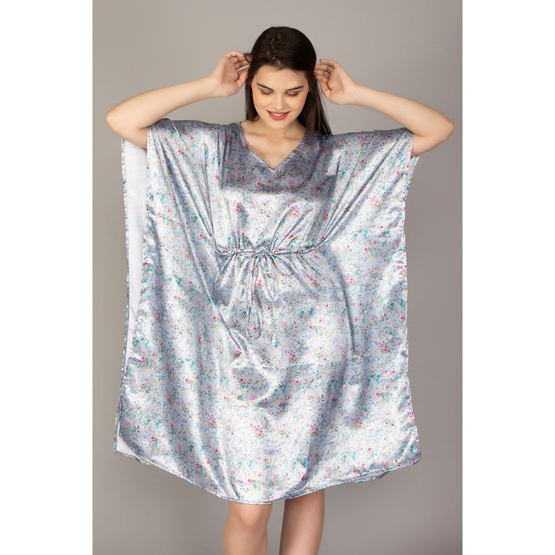 Herryqeal Silver Sexy Satin Silver Floral Printed Kaftan (S)