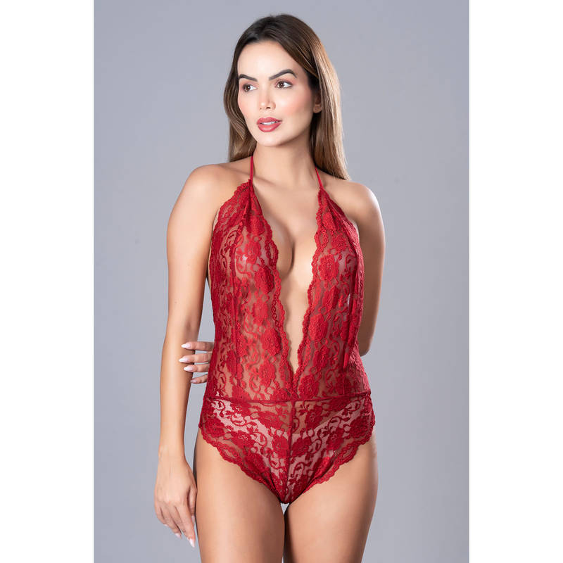 Herryqeal Maroon Womens Maroon Floral Lace Lingerie Bodysuit One Piece Teddy Babydoll (M)