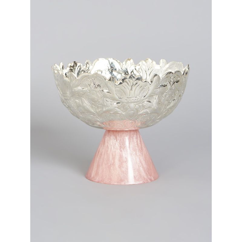 Assemblage Embossed Silver plated Pink Pedestal Fruit & Nut Urli Bowl Small (Free Size)
