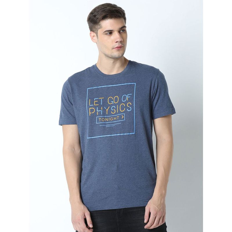 Huetrap Mens Printed Round Neck Blue T-Shirt (S)