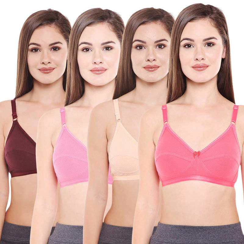 BODYCARE Women's Cotton Solid Color Full Coverage Bra Pack of 4 - Multi-Color (30B)