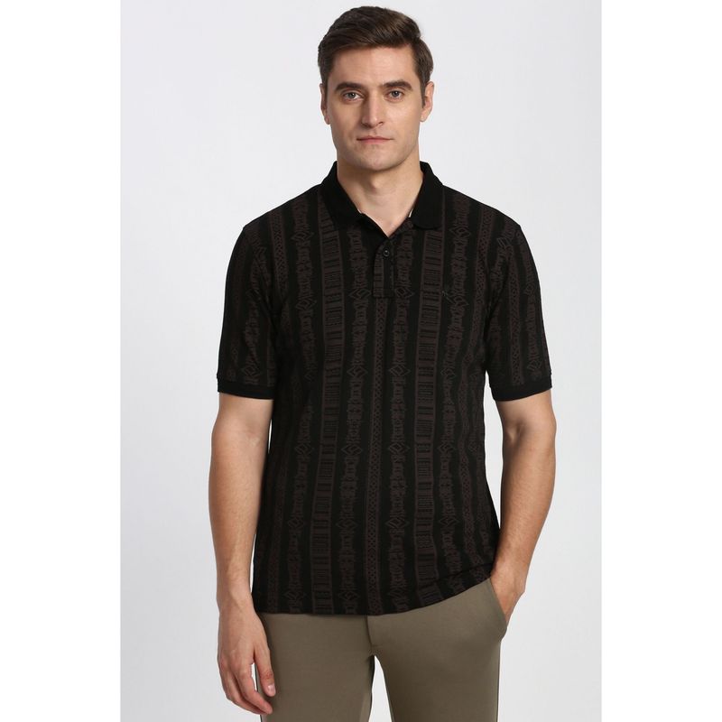 Peter England Men Black Print Polo Neck T-Shirt (S)