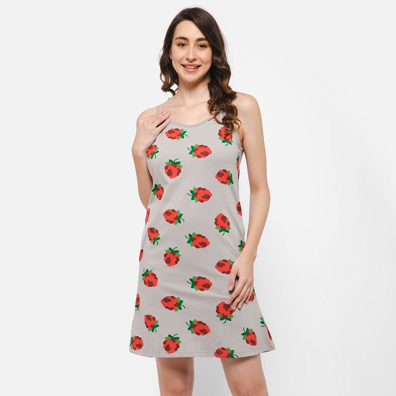 Clovia Strawberry Print Short Night Dress In Grey - 100 Percent Cotton (M)