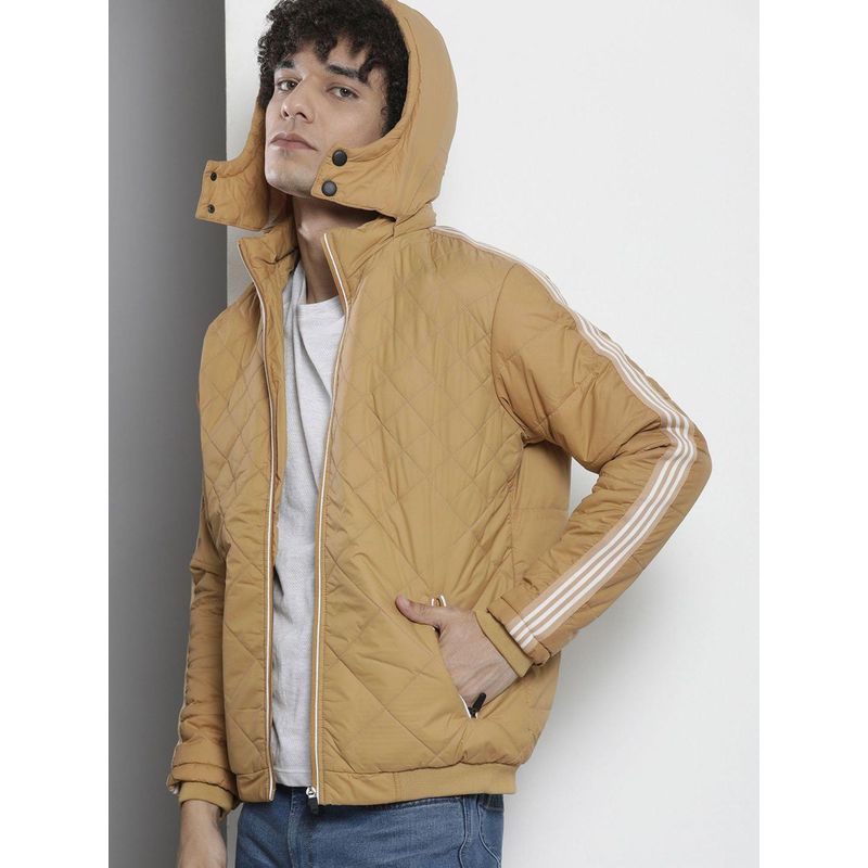 The Indian Garage Co Men Beige Solid Detachable Hood Full Sleeves Jacket (L)