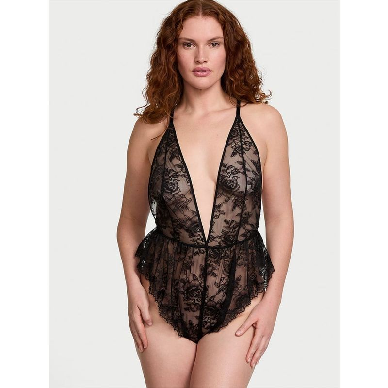 Victoria's Secret Black Rose Lace Plunge Flutter Babydoll (2XL)