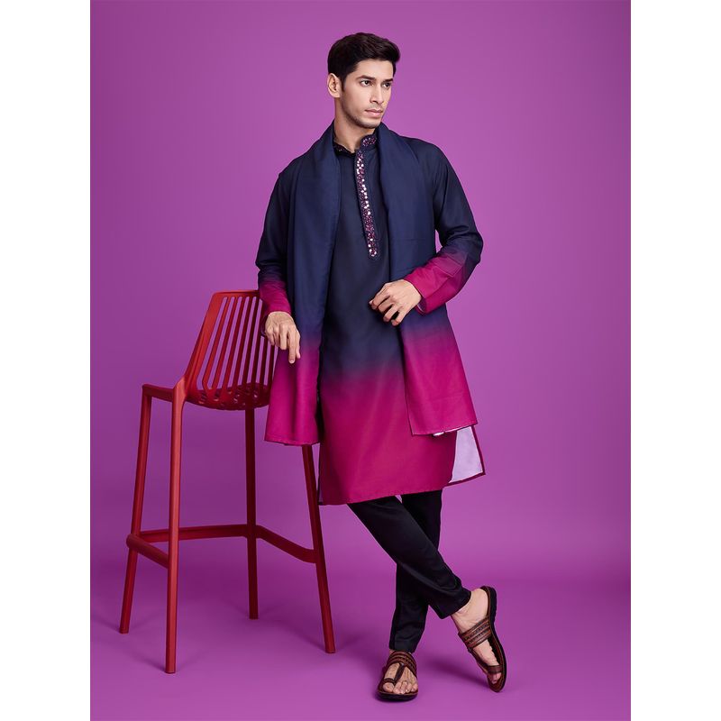 Odette Navy Blue & Pink Ombre Rayon Kurta & Dupatta (Set of 2) (XL)