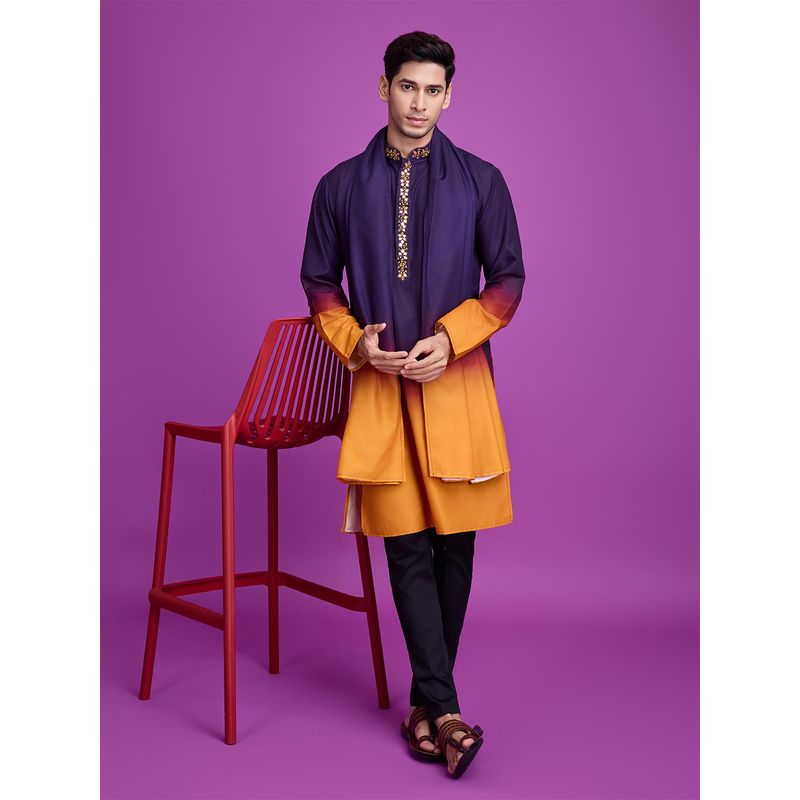 Odette Purple & Mustard Ombre Rayon Kurta & Dupatta (Set of 2) (XL)