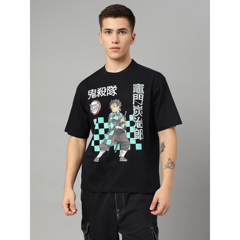 Free Authority Demon Slayer Printed Loose Fit Black Cotton Men T-Shirt (L)