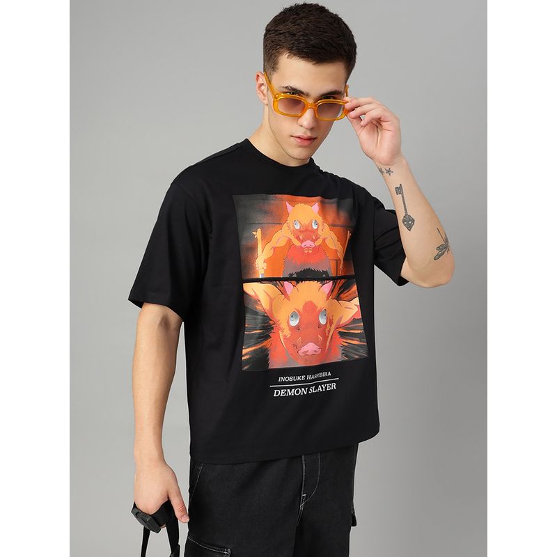 Free Authority Demon Slayer Printed Loose Fit Black Cotton Men T-Shirt (M)