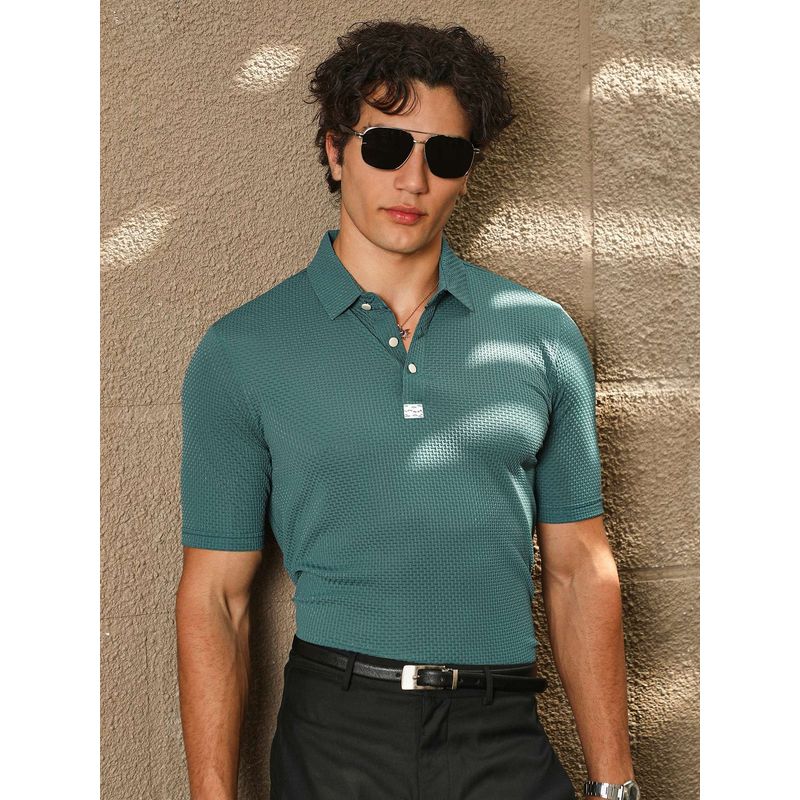 Campus Sutra Mens Emerald Teal Warp-Tactile Polo T-Shirt (XL)