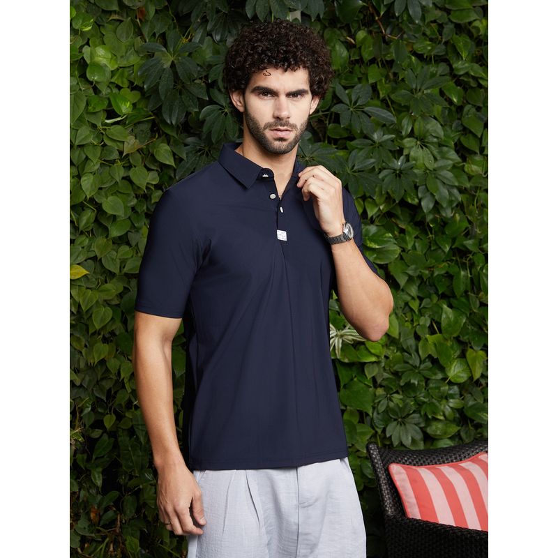 Campus Sutra Mens Navy Blue Seamless Waffle Polo T-Shirt (S)