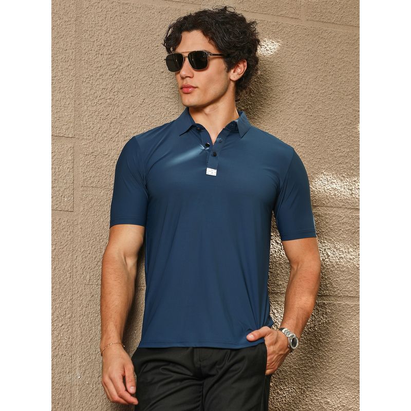 Campus Sutra Mens Navy Blue Seamless Solid Polo T-Shirt (S)
