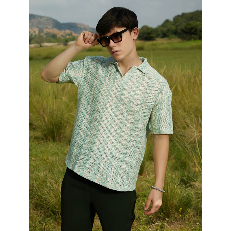 Campus Sutra Mens Mint Green Tidal-Knit Polo T-Shirt (L)