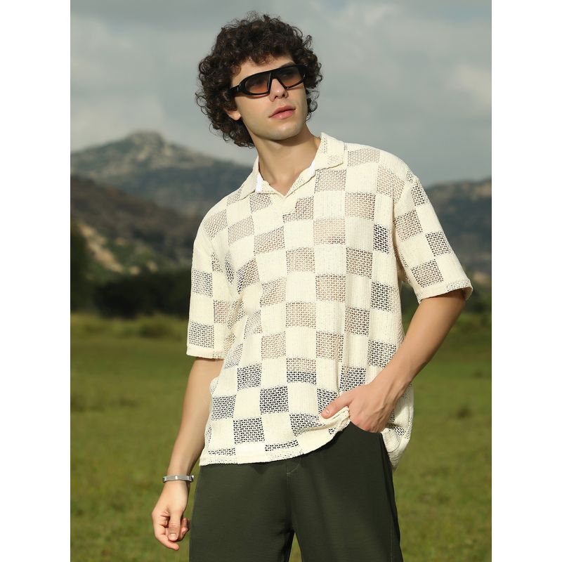 Campus Sutra Mens Saltbox Beige Grid Oversized Polo T-Shirt (M)