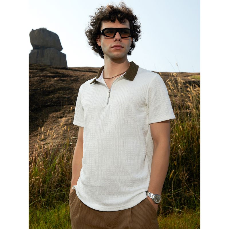 Campus Sutra Mens Cream White Oblique-Block Polo T-Shirt (M)