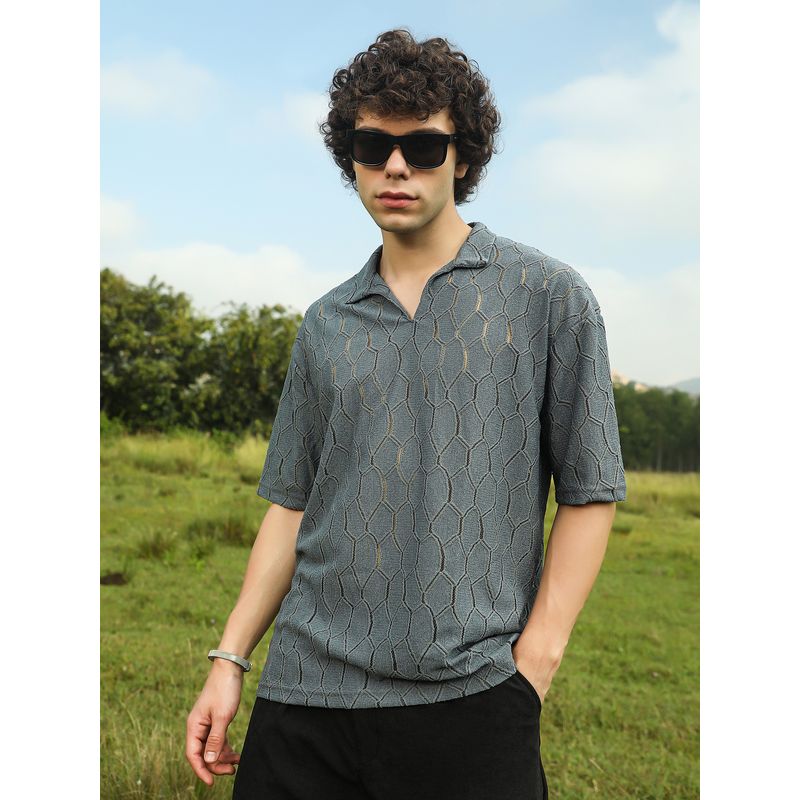 Campus Sutra Mens Moon Grey Honeycomb-Knit Polo T-Shirt (M)