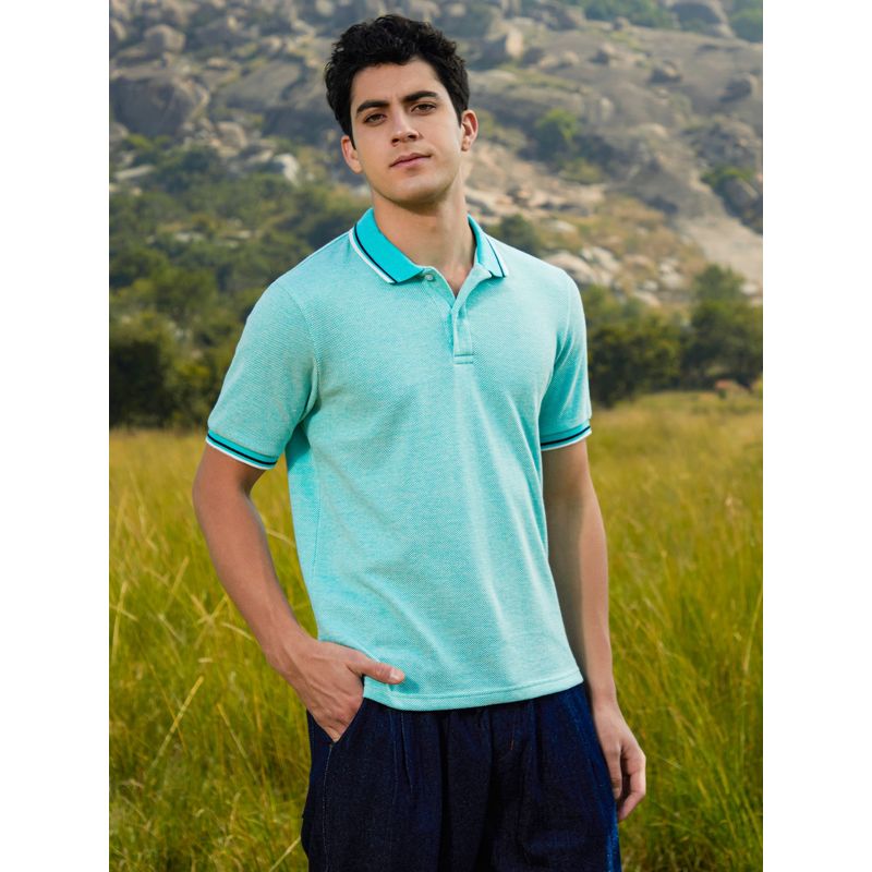 Campus Sutra Mens Aqua Blue Multitrack Knit Polo T-Shirt (S)