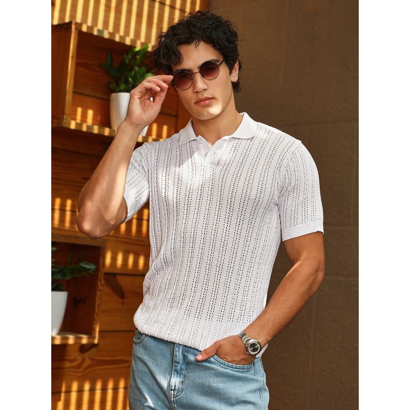 Campus Sutra Mens Chalk White Panelled-Knit Polo T-Shirt (S)
