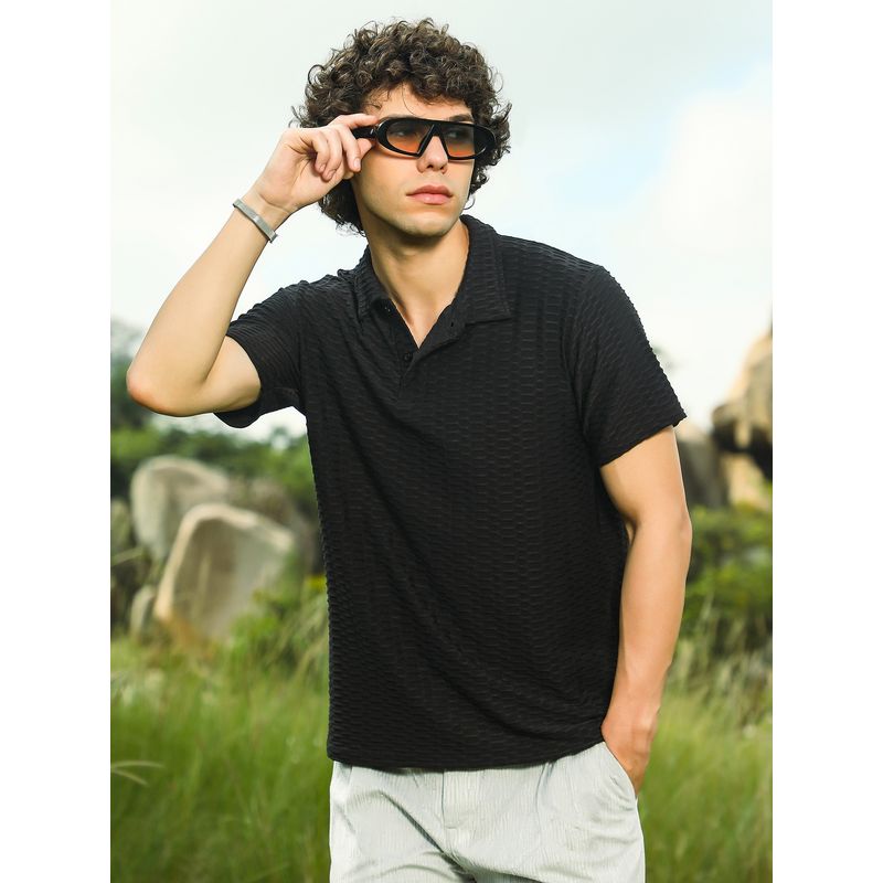 Campus Sutra Mens Onyx Black Hive Polo T-Shirt (S)