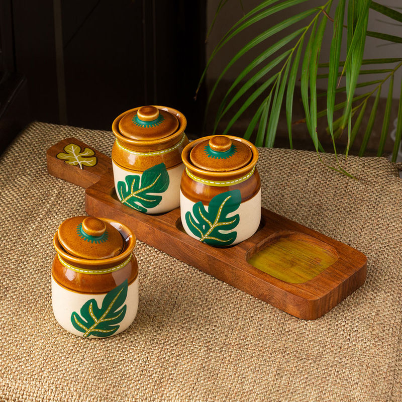 ExclusiveLane Shades of a Leaf HandPainted Ceramic Jars With Tray (Set