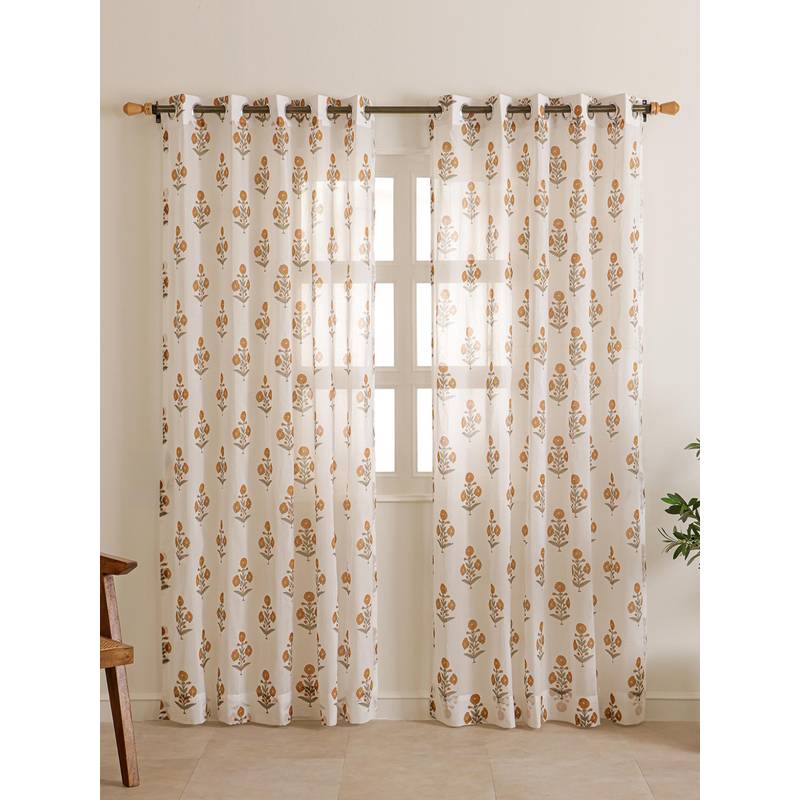 The Home Story Handcrafted Floral Sheer Window Curtains - Mustard (Pack of 2) (5 Feet)