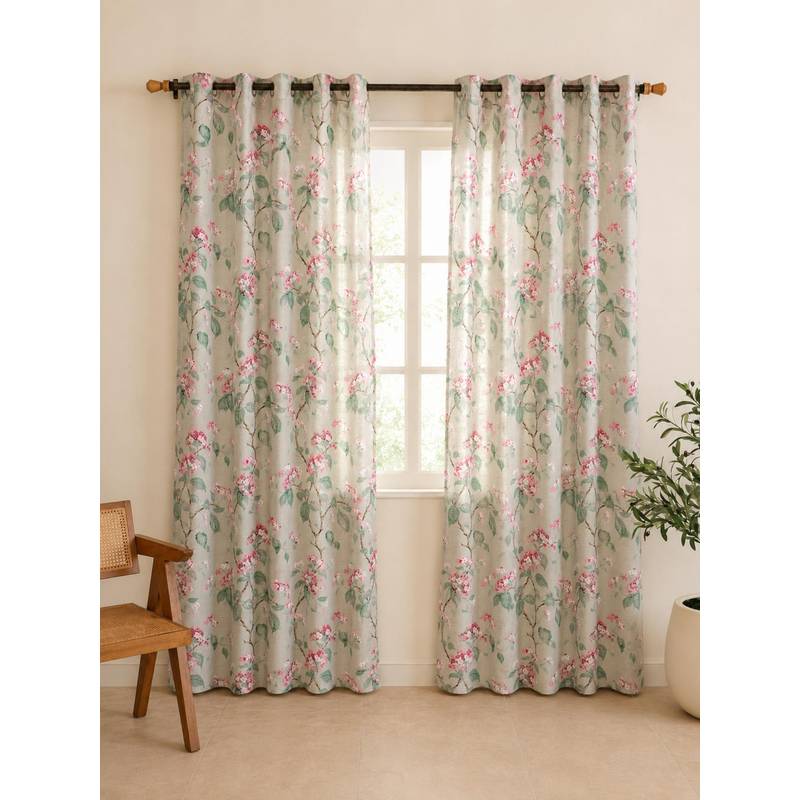 The Home Story Cotton Sheer Linen Texture Long Door Curtains - Pink (Pack of 2) (9 Feet)