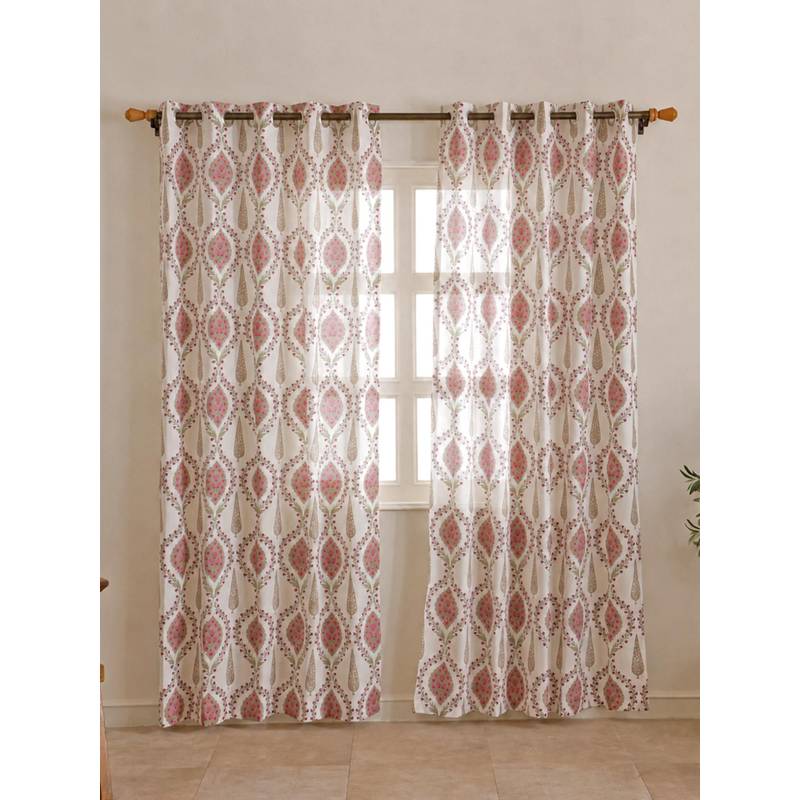 The Home Story Cotton Sheer Curtain Linen Texture Window Curtains - Cream (Pack of 2) (5 Feet)
