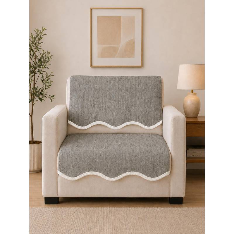 The Home Story Suede Velvet Back & Seat Velvet Wave Silver Grey Sofa Mat (1 Seater)
