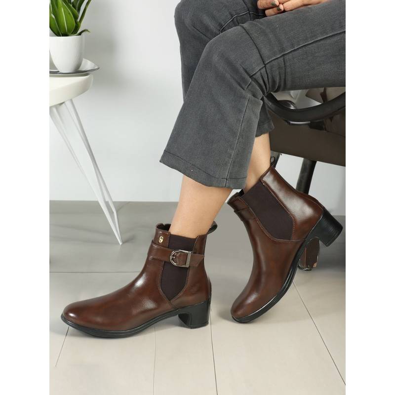 ELLE Womens Fashionable Brown Color Buckle Boots (EURO 38)