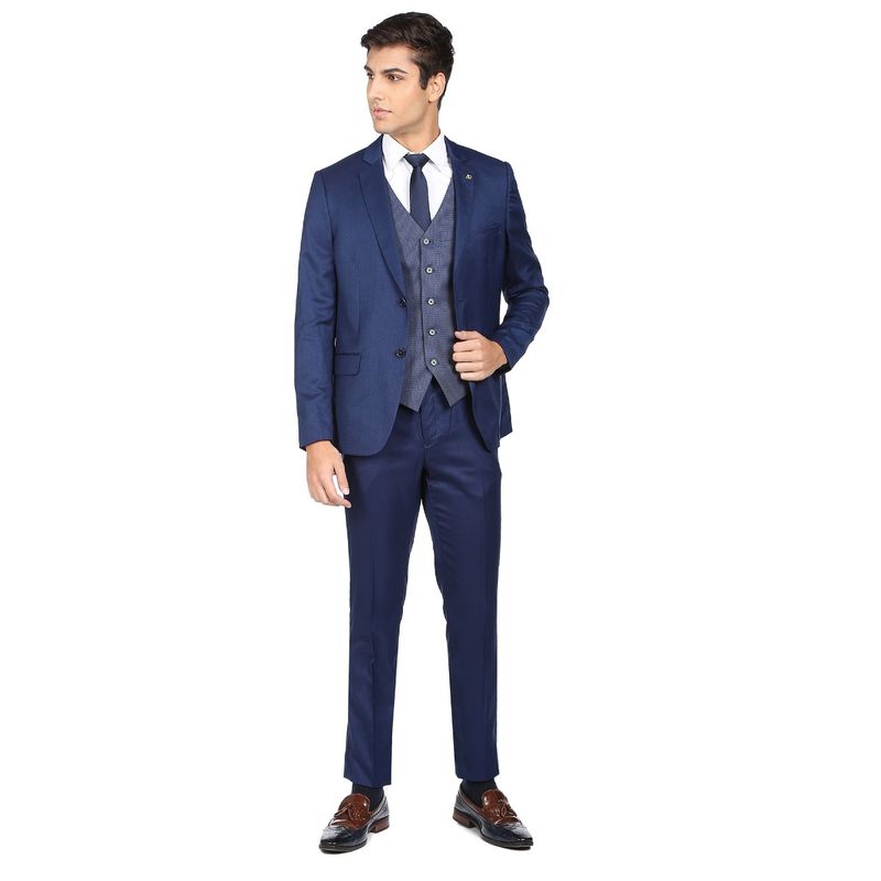 AD By Arvind Men Navy Tailored Fit Geometric Patterned Three Piece Suit (Set of 3) (42)