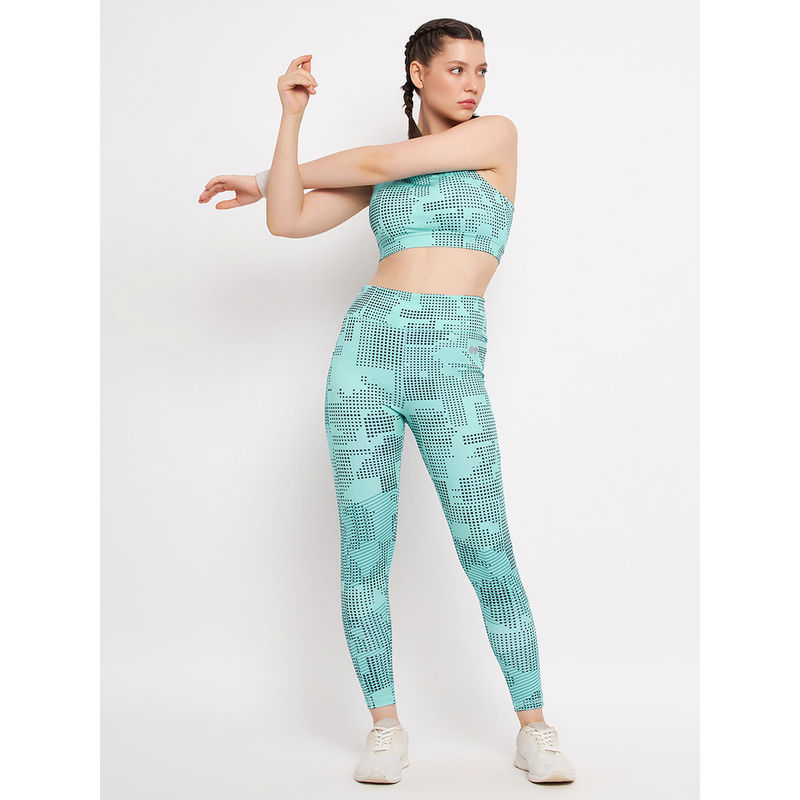 Clovia High Rise Printed Active Tights in Sky Blue with Side Pocket (S)