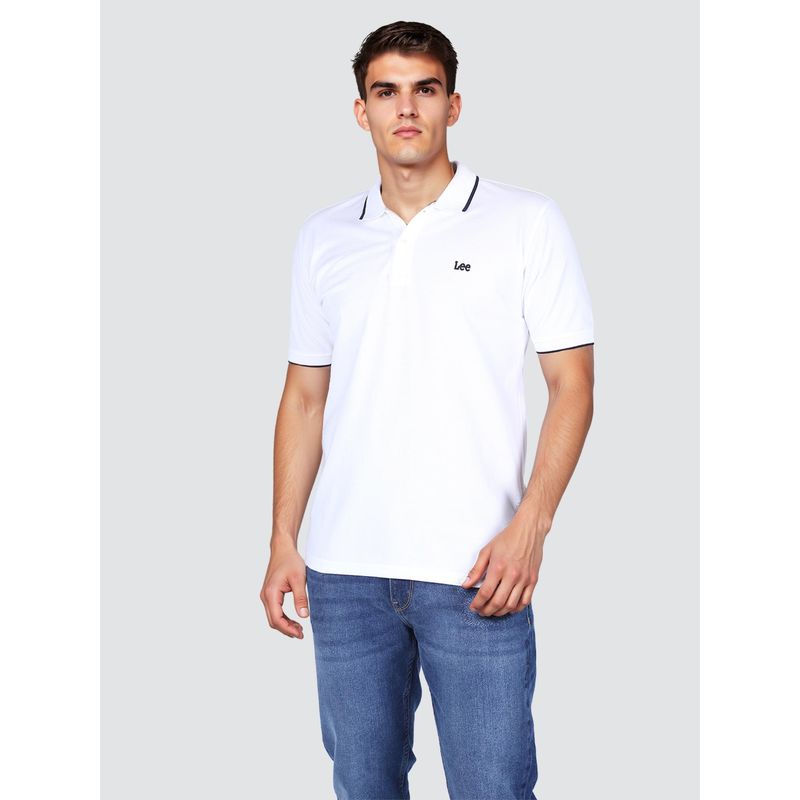 Lee Men Solid White Regular Fit Polo T-Shirt (M)
