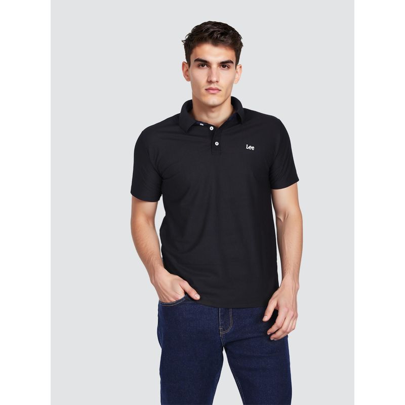 Lee Men Solid Black Regular Fit Polo T-Shirt (M)