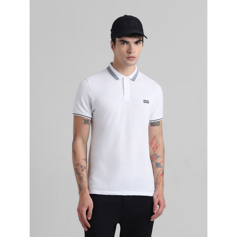 Jack & Jones White Slim Fit Non Stretch Polo T-Shirt (L)