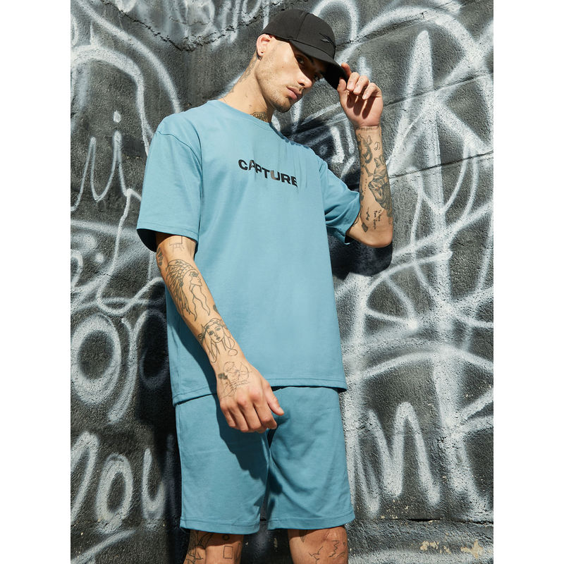 Campus Sutra Men's Blue Relaxed Co-Ord With Graphic Print (Set of 2) (M)