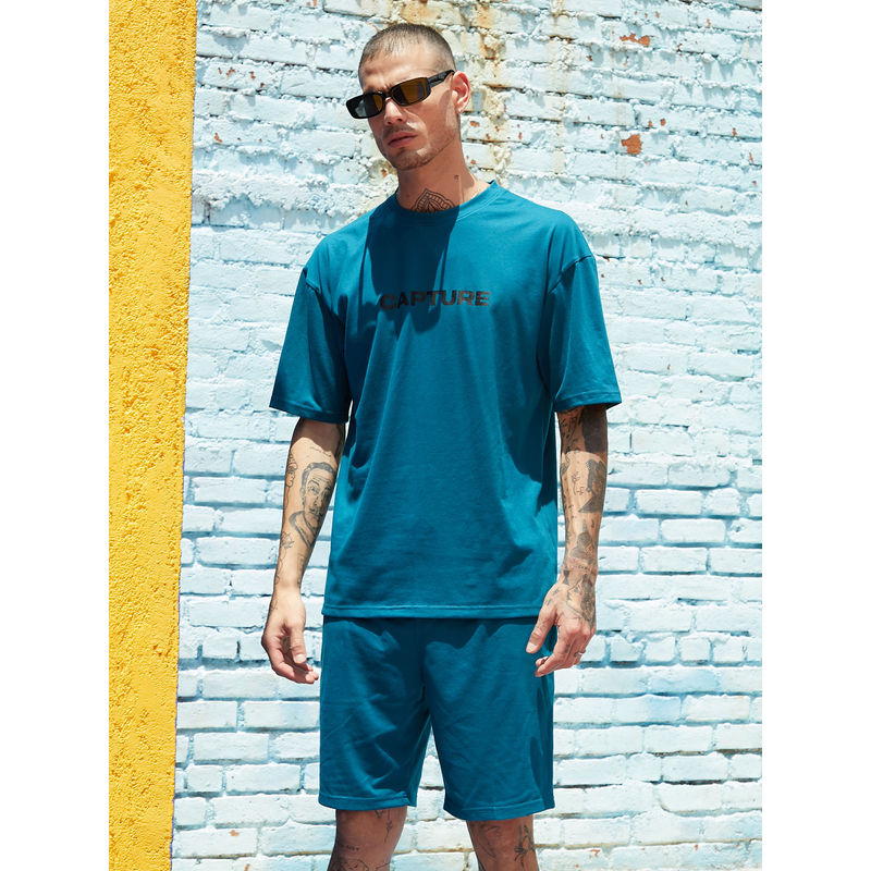 Campus Sutra Men's Teal Blue Contrast Print Co-Ord (Set of 2) (S)